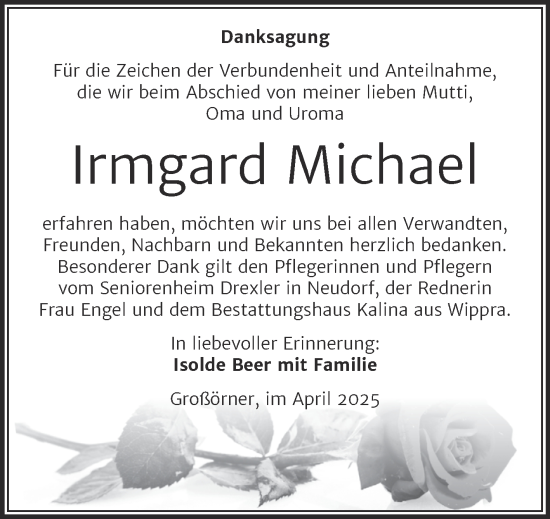 Traueranzeige von Irmgard Michael von Trauerkombi Mansfelder Land