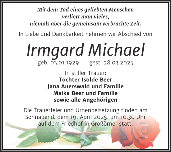 Traueranzeige von Irmgard Michael von Trauerkombi Mansfelder Land