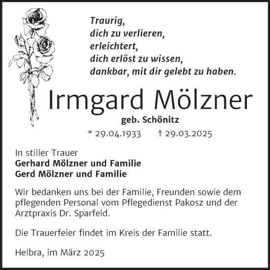 Traueranzeige von Irmgard Mölzner von Trauerkombi Mansfelder Land