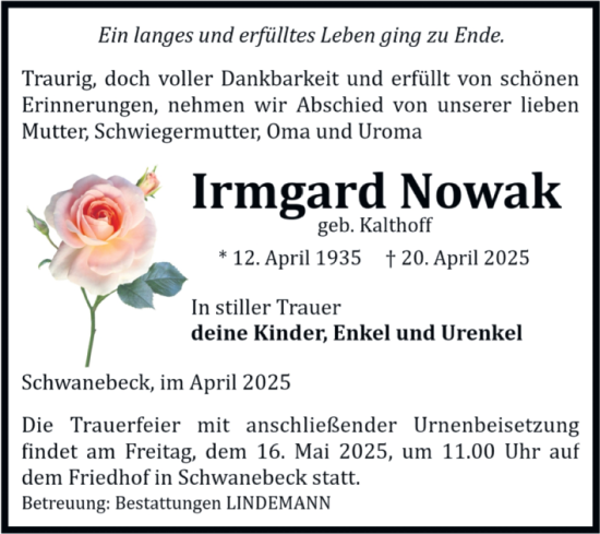 Traueranzeige von Irmgard Nowak von Volksstimme Halberstadt