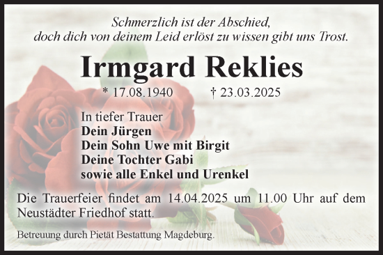 Traueranzeige von Irmgard Reklies von Volksstimme Magdeburg