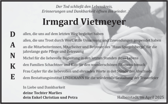 Traueranzeige von Irmgard Vietmeyer von Volksstimme Halberstadt