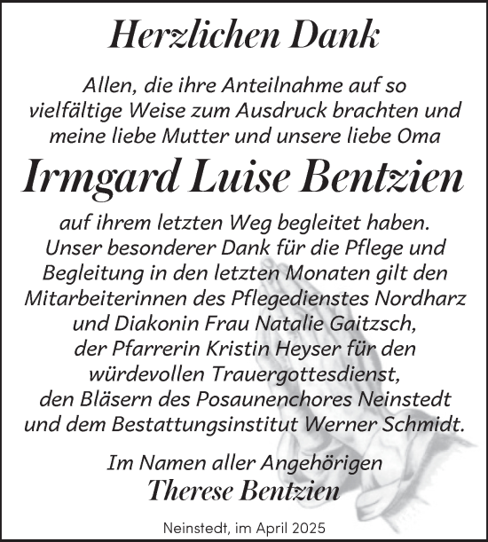 Traueranzeige von Irmgard Luise Bentzien von Trauerkombi Quedlinburg