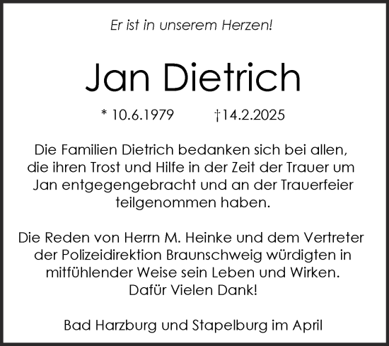 Traueranzeige von Jan Dietrich von Volksstimme Wernigerode