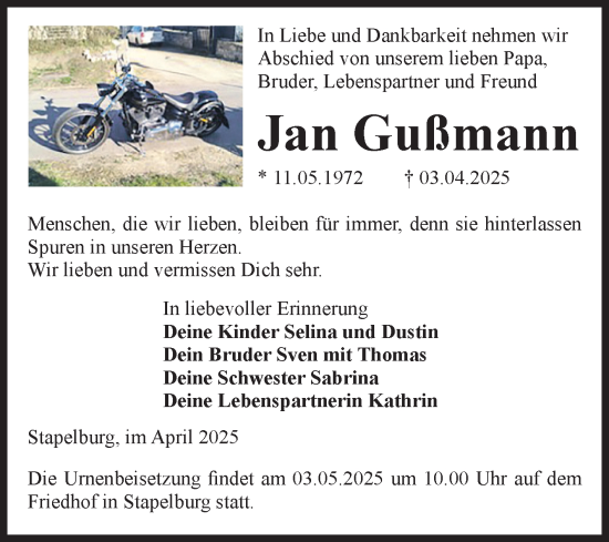 Traueranzeige von Jan Gußmann von Volksstimme Wernigerode