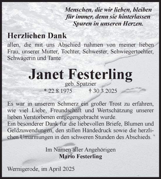 Traueranzeige von Janet Festerling von Volksstimme Wernigerode