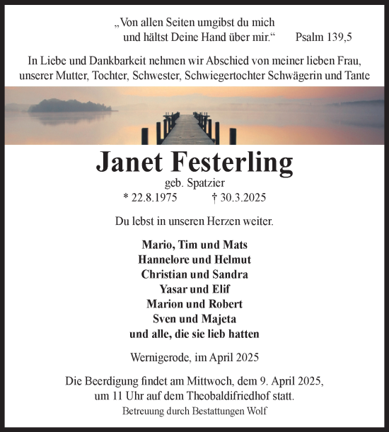 Traueranzeige von Janet Festerling von Volksstimme Wernigerode