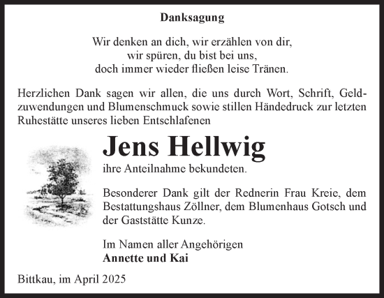 Traueranzeige von Jens Hellwig von Volksstimme Altmark Ost