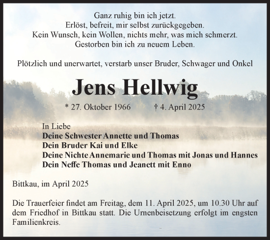 Traueranzeige von Jens Hellwig von Volksstimme Altmark Ost