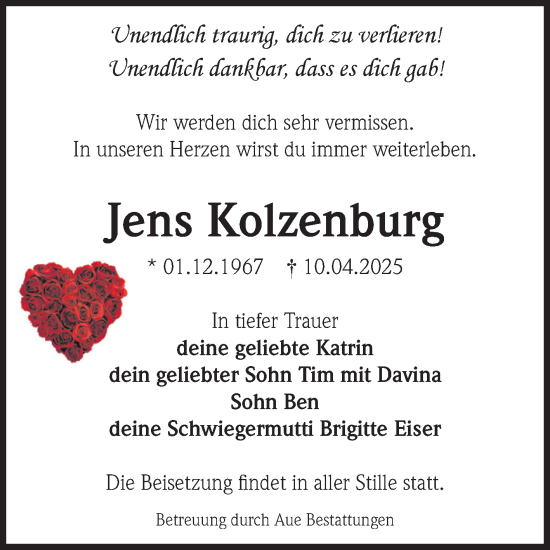 Traueranzeige von Jens Kolzenburg von Volksstimme Burg/Genthin