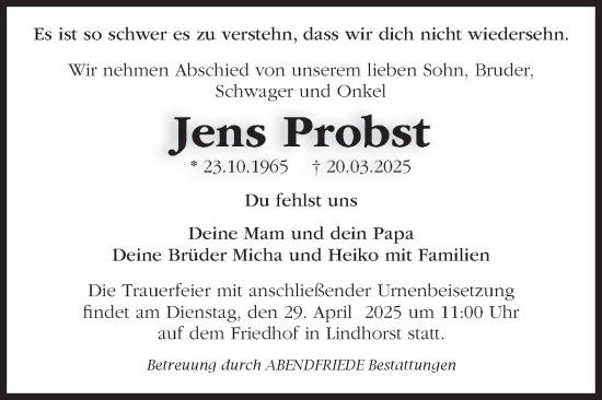 Traueranzeige von Jens Probst von Volksstimme Magdeburg