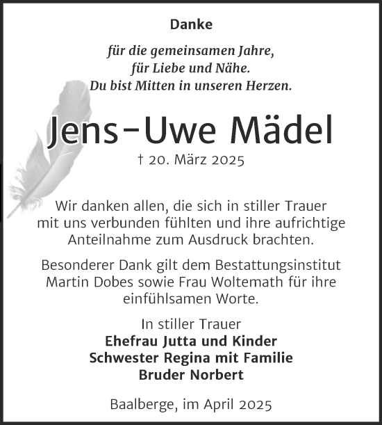 Traueranzeige von Jens-Uwe Mädel von Trauerkombi Bernburg