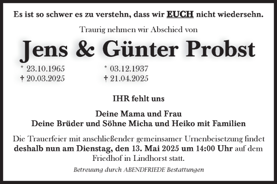 Traueranzeige von Jens und Günter Probst von Volksstimme Magdeburg
