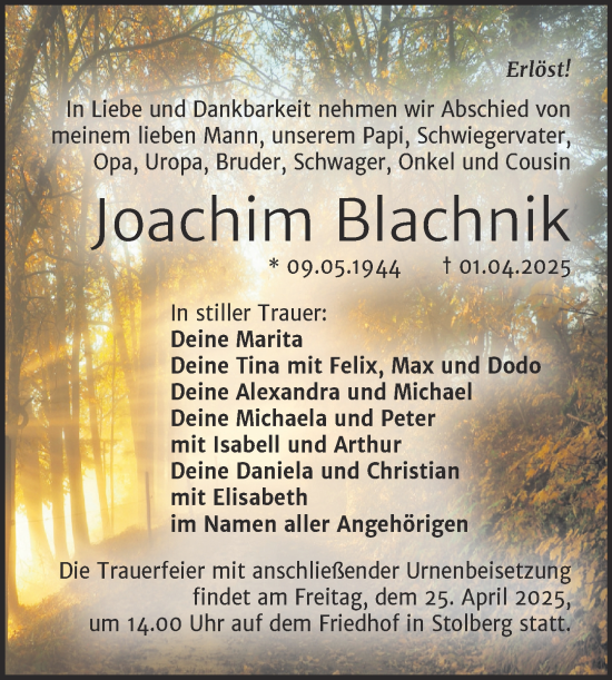 Traueranzeige von Joachim Blachnik von Trauerkombi Sangerhausen
