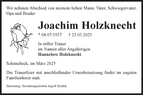 Traueranzeige von Joachim Holzknecht von Volksstimme Schönebeck