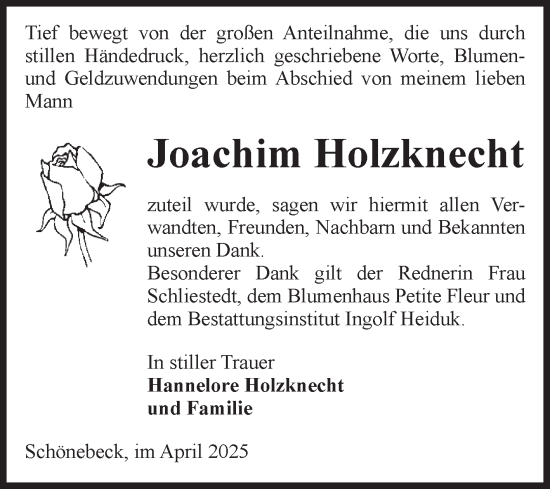 Traueranzeige von Joachim Holzknecht von Volksstimme Schönebeck