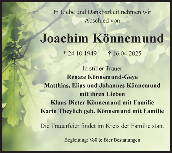 Traueranzeige von Joachim Könnemund von Volksstimme Wernigerode