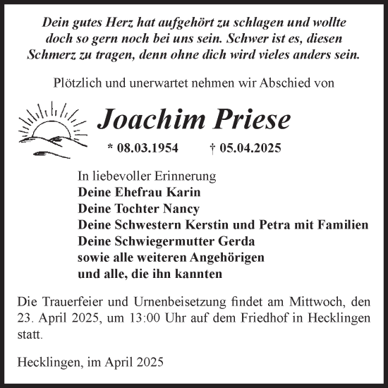 Traueranzeige von Joachim Priese 