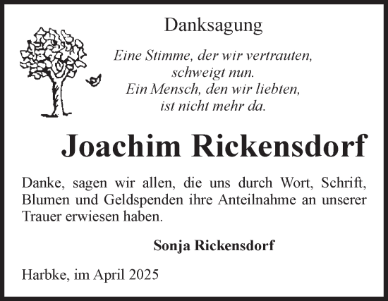 Traueranzeige von Joachim Rickensdorf von Volksstimme Oschersleben/Wanzleben