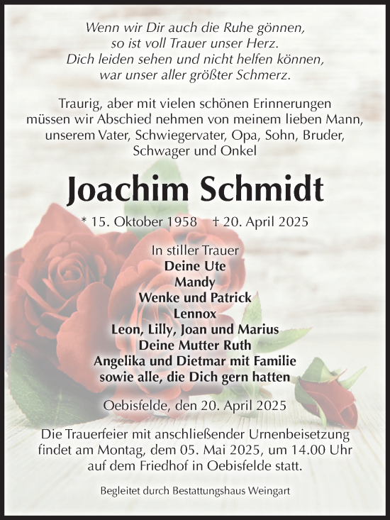 Traueranzeige von Joachim Schmidt von Volksstimme Altmark West