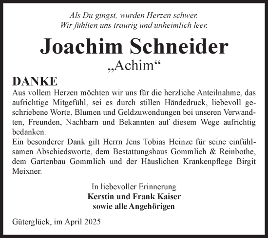 Traueranzeige von Joachim Schneider von Volksstimme Zerbst