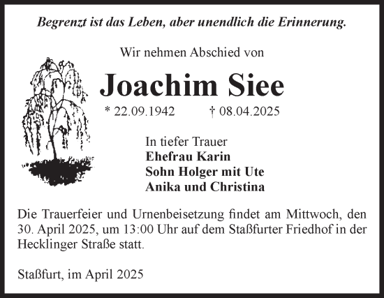 Traueranzeige von Joachim Siee von Volksstimme Staßfurt