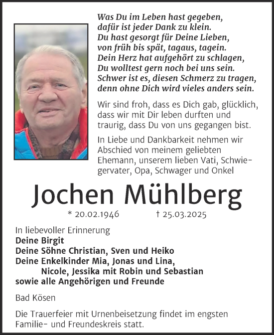 Traueranzeige von Jochen Mühlberg von Super Sonntag Naumburg/Nebra
