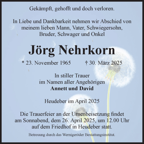 Traueranzeige von Jörg Nehrkorn von Volksstimme Wernigerode