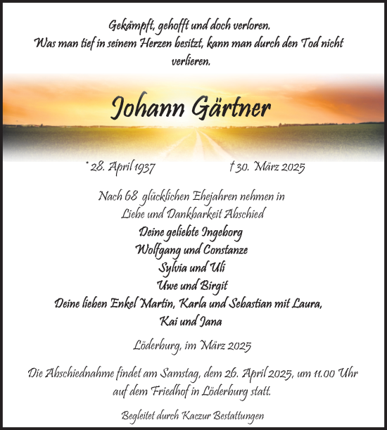 Traueranzeige von Johann Gärtner von Volksstimme Staßfurt
