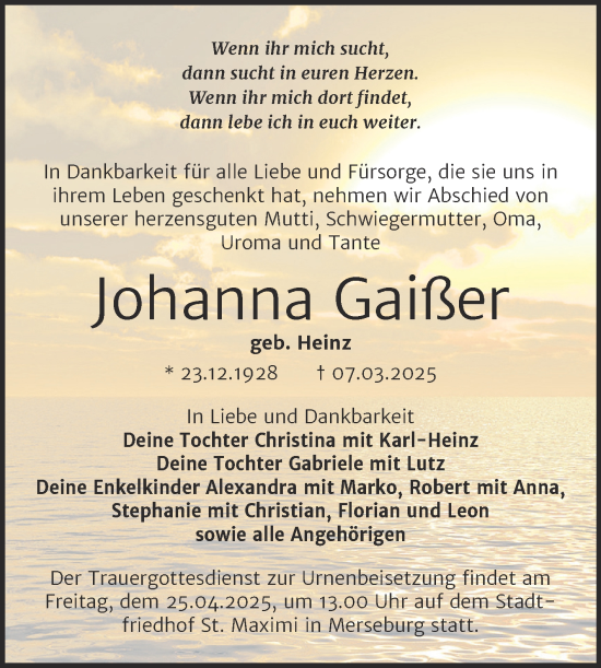 Traueranzeige von Johanna Gaißer von Trauerkombi Merseburg