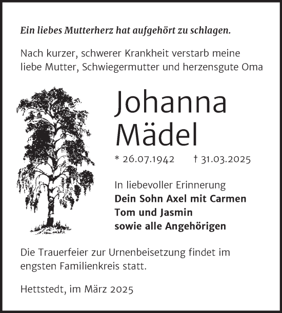Traueranzeige von Johanna Mädel von Trauerkombi Mansfelder Land