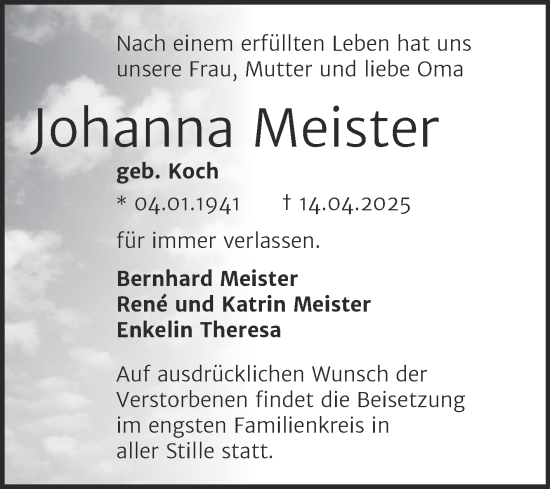 Traueranzeige von Johanna Meister von Trauerkombi Mansfelder Land