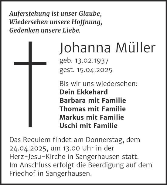 Traueranzeige von Johanna Müller von Mitteldeutsche Zeitung Sangerhausen