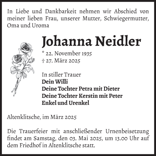 Traueranzeige von Johanna Neidler von Volksstimme Burg/Genthin