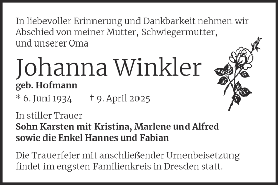 Traueranzeige von Johanna Winkler von Mitteldeutsche Zeitung Zeitz