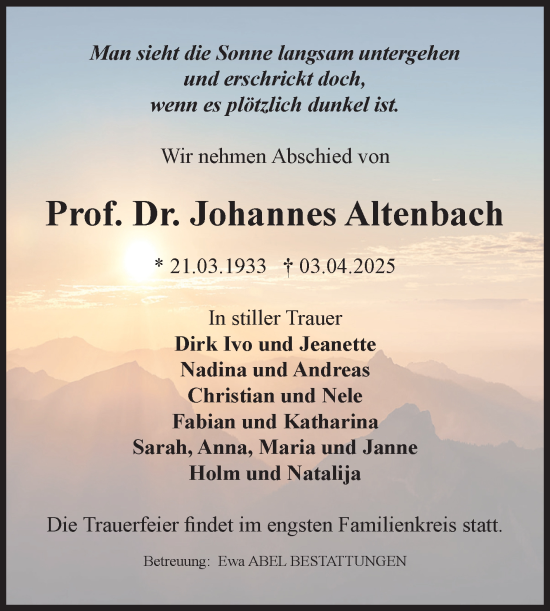 Traueranzeige von Johannes Altenbach von Volksstimme Magdeburg