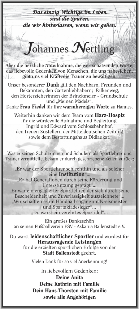 Traueranzeige von Johannes Nettling von Trauerkombi Quedlinburg