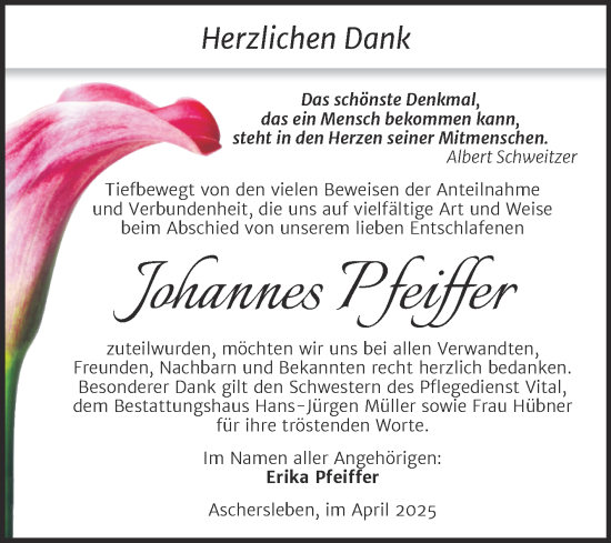 Traueranzeige von Johannes Pfeiffer von Trauerkombi Aschersleben