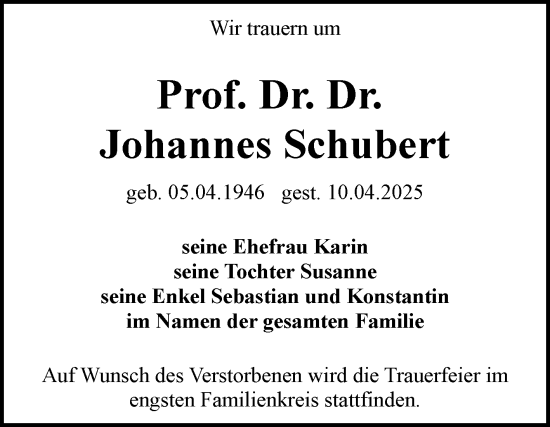 Traueranzeige von Johannes Schubert von Mitteldeutsche Zeitung Halle/Saalkreis