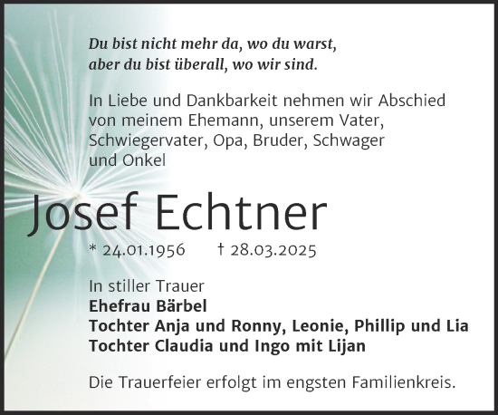 Traueranzeige von Josef Echtner von Trauerkombi Bernburg