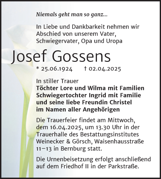 Traueranzeige von Josef Gossens von Trauerkombi Bernburg