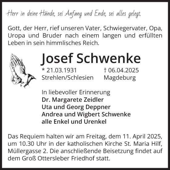 Traueranzeige von Josef Schwenke von Volksstimme Magdeburg