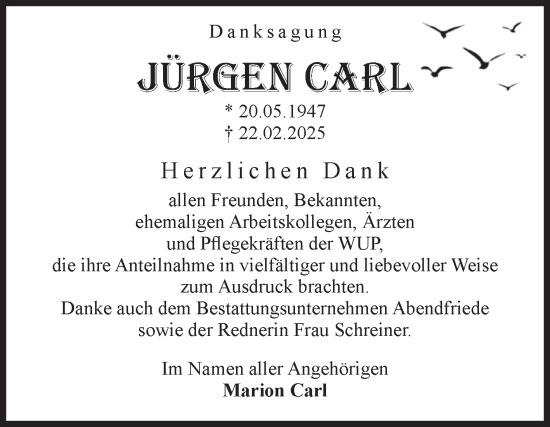 Traueranzeige von Jürgen Carl von Volksstimme Magdeburg