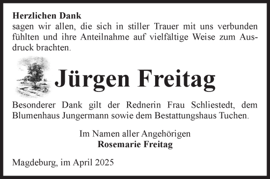 Traueranzeige von Jürgen Freitag von Volksstimme Oschersleben/Wanzleben