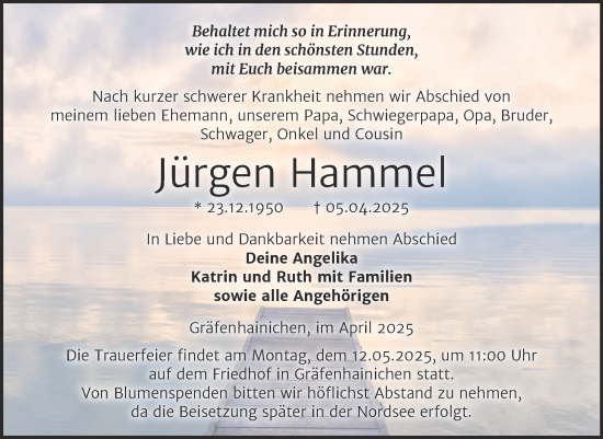 Traueranzeige von Jürgen Hammel von Trauerkombi Wittenberg