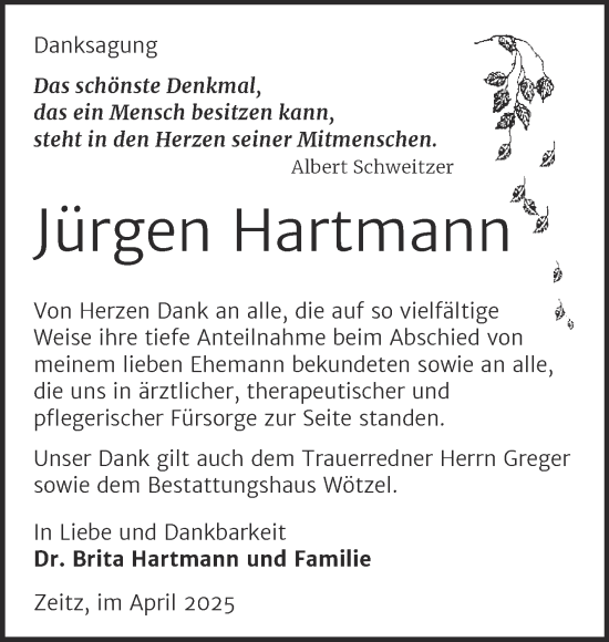 Traueranzeige von Jürgen Hartmann von Trauerkombi Zeitz