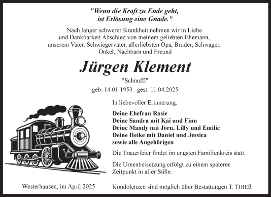 Traueranzeige von Jürgen Klement von Trauerkombi Quedlinburg