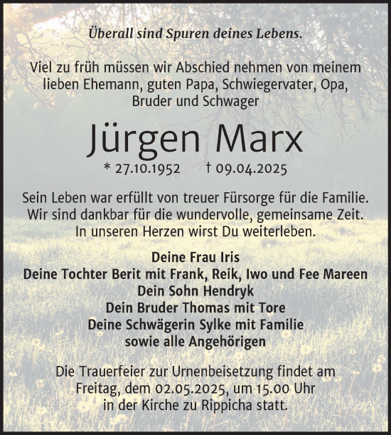 Traueranzeige von Jürgen Marx von Trauerkombi Zeitz