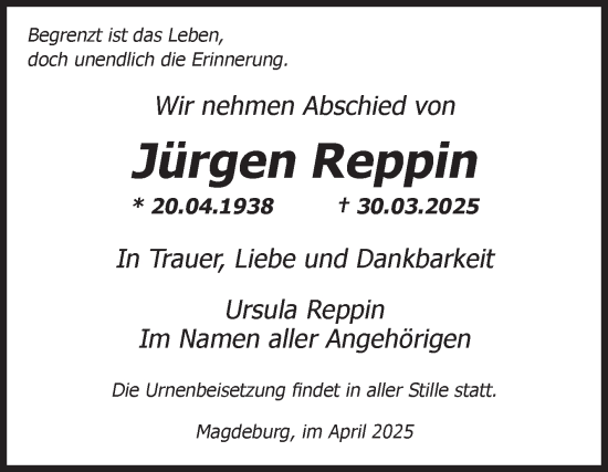 Traueranzeige von Jürgen Reppin von Volksstimme Magdeburg