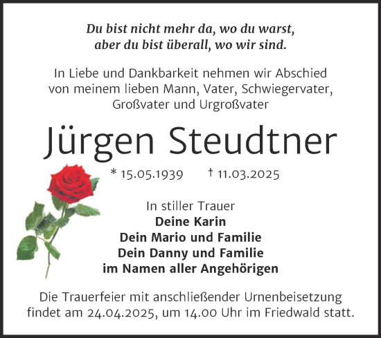 Traueranzeige von Jürgen Steudtner von Trauerkombi Dessau